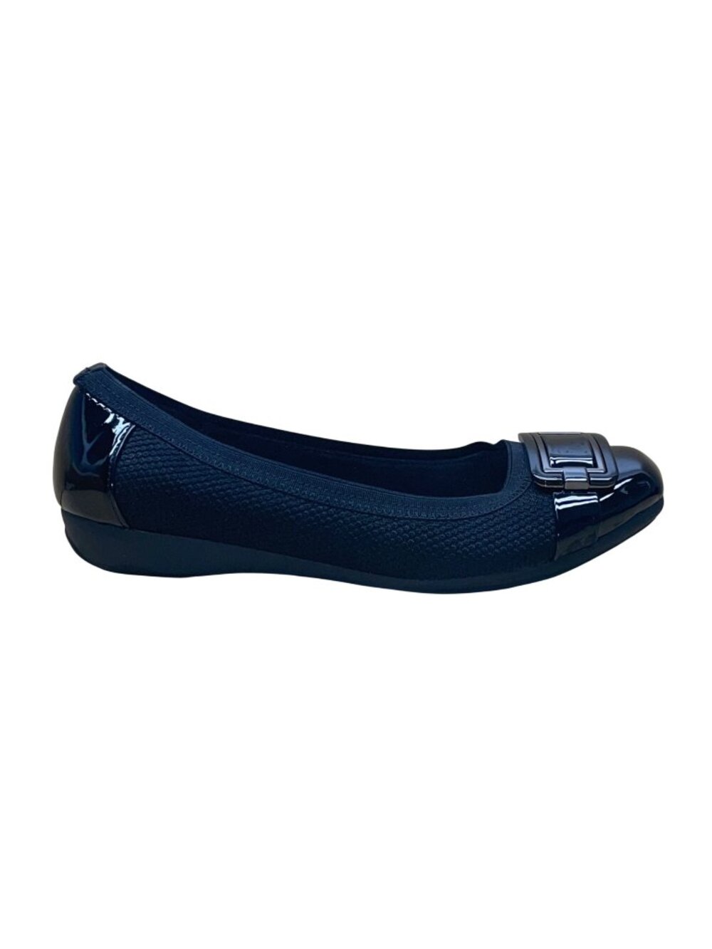 Anne Klein Women's Black Quilted Patent Cap Toe Buckle Accent Unice Flats Sz 7M